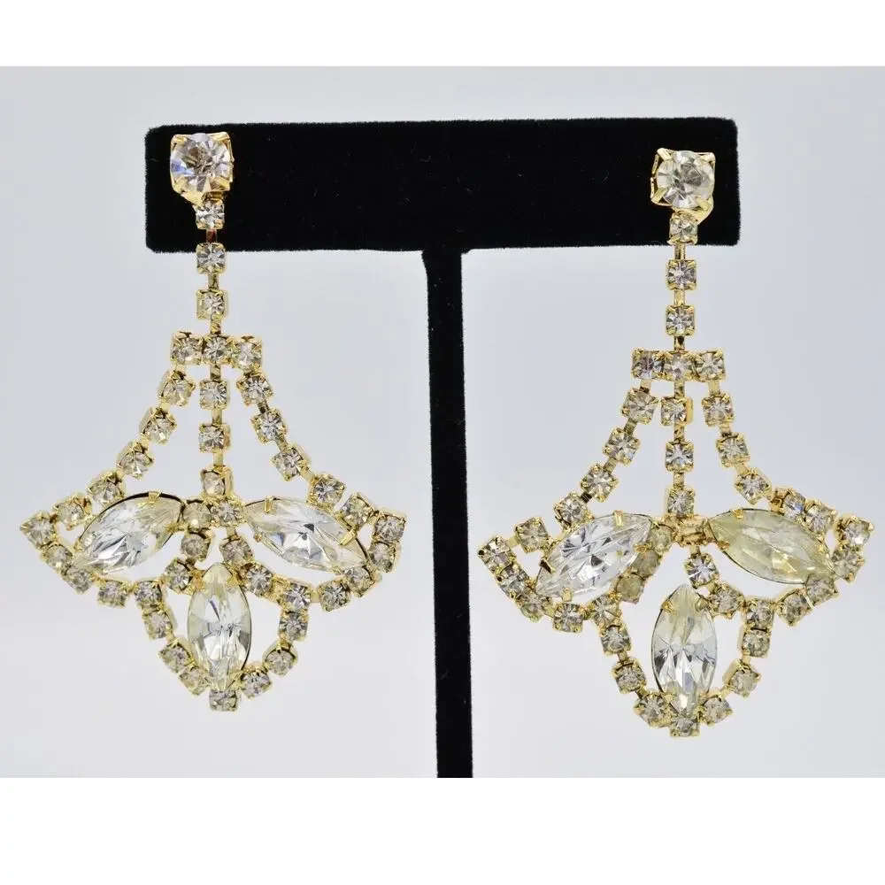 Vintage Crystal Earrings Shiny Gold Prong Rhinestone Dangle NOS 1980s BinAA